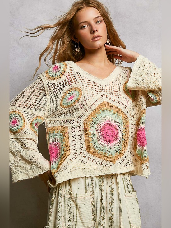 POL Sweaters - S543. POL Crochet Openwork Sweater in Cream with Pink, Mint & Tan Accents